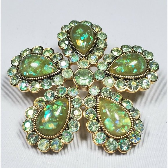 Unbranded Jewelry - Aurora Borealis Rhinestone Brooch Green Daisy Flower Pin Irridecent Sparkle